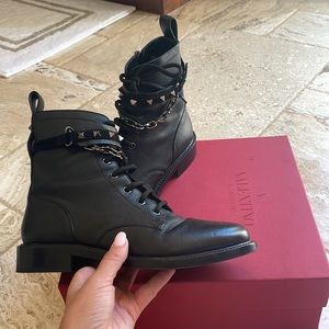 Valentino Black Combat Boots with Stud & Chain Straps